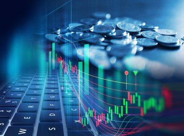 Çift Pozlama görüntü borsa yatırım grafik ve sikke yığını, iş yatırım ve gelecekteki hisse senedi Alım Satım kavramı