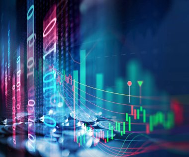 Çift Pozlama görüntü borsa yatırım grafik ve sikke yığını, iş yatırım ve gelecekteki hisse senedi Alım Satım kavramı