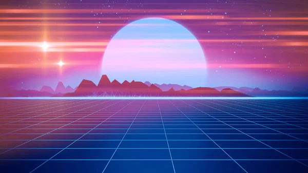 Retro Futuristic Background 1980S Style Illustration Digital Landscape Cyber World — Stock Photo, Image