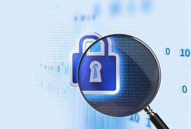 Büyütece dijital veri arka plan üzerinde kapalı asma kilit Gdpr temsil eder. Genel veri