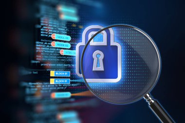 Büyütece dijital veri arka plan üzerinde kapalı asma kilit Gdpr temsil eder. Genel veri