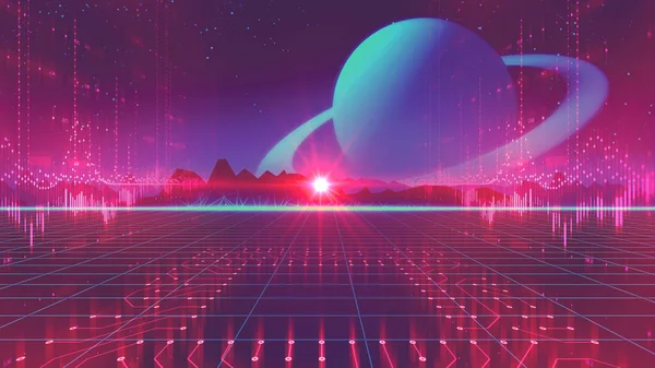Retro futuristic background 1980s style 3d illustration. Digital landscape in a cyber world. For use as music album cover