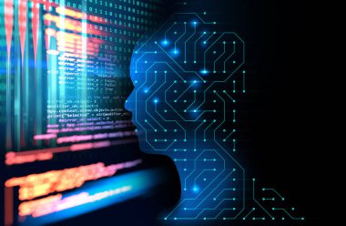devre desen 3d çizim, temsil yapay teknoloji üzerinde sanal insan silüeti