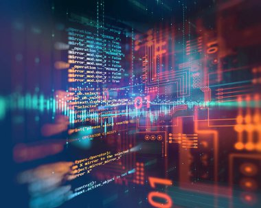 Yazılım geliştiricisi ve Bilgisayar betiğinin kod soyut teknoloji arkaplanı programlanıyor