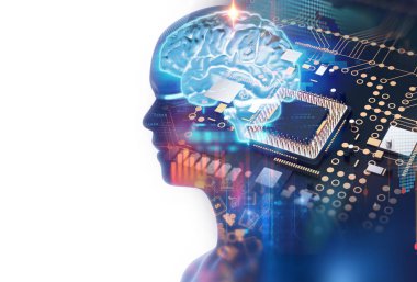 düşük çokgen insan kafası çift pozlama görüntü 3d illüstrasyon mavi levhasının arka plan üzerinde temsil