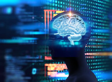 sanal insan ve bulutsu cosmos 3d illüstrasyon, beyin temsil bilimsel kavram silüeti