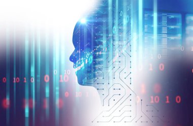 devre desen 3d çizim, temsil yapay teknoloji üzerinde sanal insan silüeti