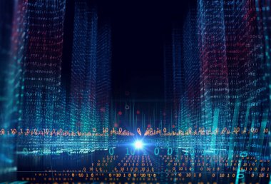 basamaklı sayı öğeleri illüstrasyon, akıllı şehir ve dijital kavramı ile dijital city scape