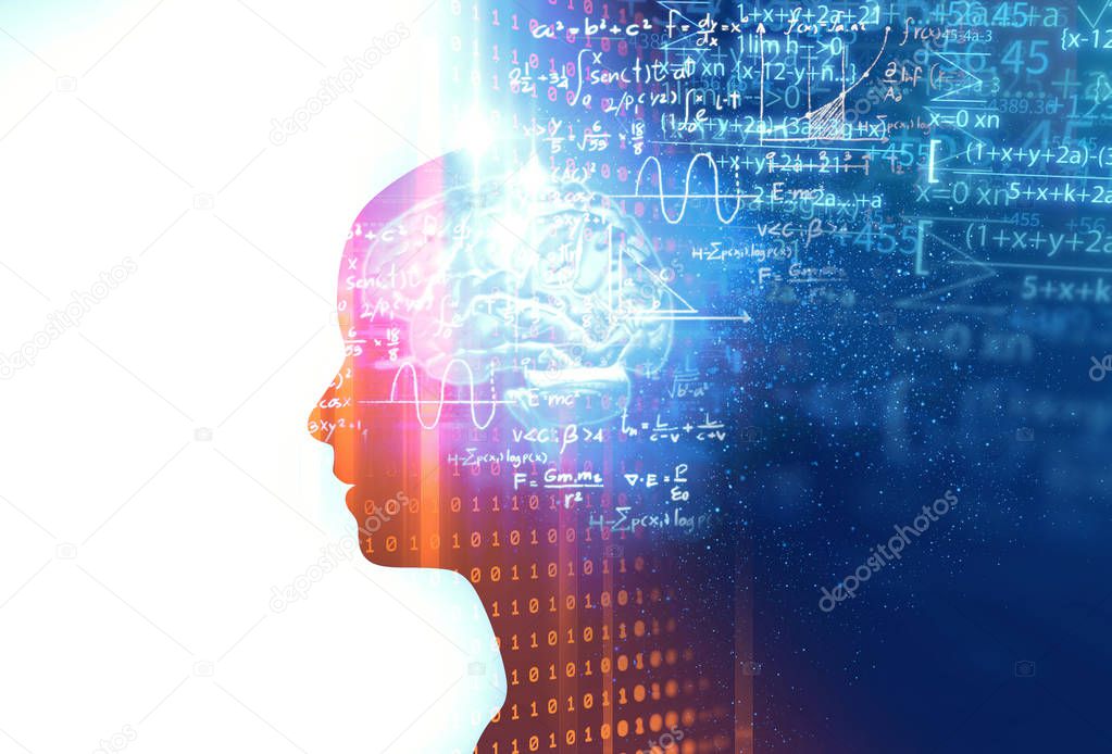 silhouette of virtual human on handwritten equations 3d illustration  , represent artificial