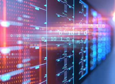 Koridor sunucu rafları merkezlerinde ile sunucu odası. 3D hasta