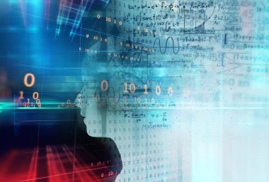 El yazısı denklemler 3d çizim, temsil yapay üzerinde sanal insan silüeti