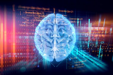 Teknoloji arka planında insan beyninin 3 boyutlu yorumlanması yapay zekayı ve siber uzay konseptini temsil ediyor.