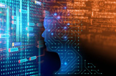 devre desen 3d çizim, temsil yapay teknoloji üzerinde sanal insan silüeti