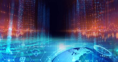 basamaklı sayı öğeleri illüstrasyon, akıllı şehir ve dijital kavramı ile dijital city scape