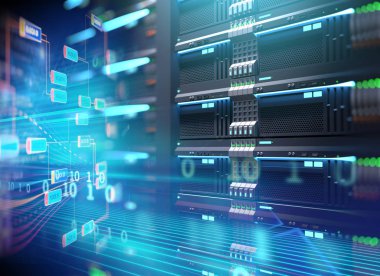 süper bilgisayar sunucu raflar datacenter, büyük veri depolama ve bulut bilgisayar teknolojisi kavramı içinde 3D çizimi