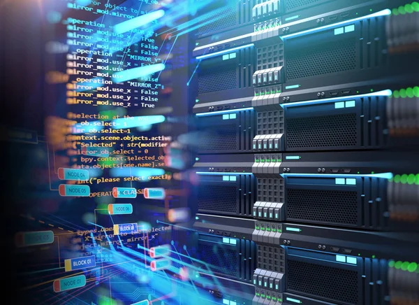 Illustration Von Supercomputer Serverschränken Rechenzentrum Konzept Der Big Data Speicherung — Stockfoto
