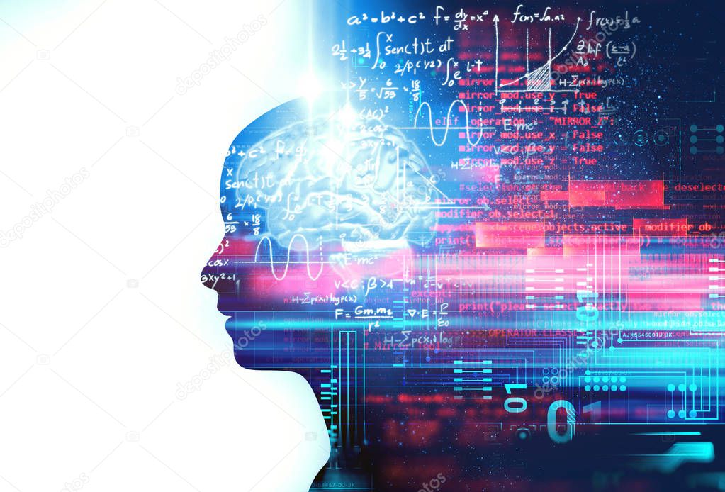 silhouette of virtual human on handwritten equations 3d illustration  , represent artificial