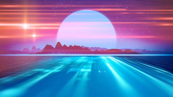 Retro Futurista Fundo 1980 Estilo Ilustração Paisagem Digital Num Mundo — Fotografia de Stock