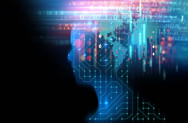 devre desen 3d çizim, temsil yapay teknoloji üzerinde sanal insan silüeti