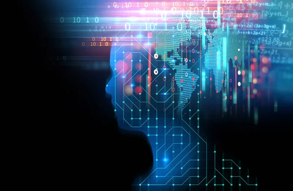 devre desen 3d çizim, temsil yapay teknoloji üzerinde sanal insan silüeti