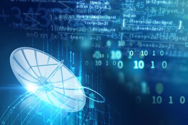 Soyut teknoloji arkaplanı üzerindeki uydu çanak aktarım verilerinin 3d çizimi