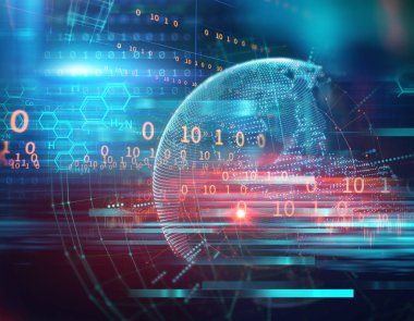 Dünyanın yüksek teknolojili fütüristik teknolojiyle 3 boyutlu canlandırılması soyut arka plan, modern veri bilimi kavramı