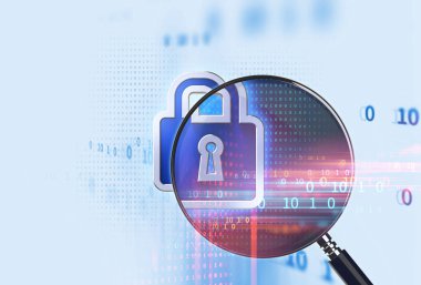 Büyütece dijital veri arka plan üzerinde kapalı asma kilit Gdpr temsil eder. Genel veri