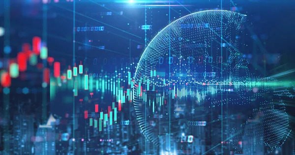 Çift Pozlama görüntü borsa yatırım grafik ve şehir manzarası sahne, iş yatırım ve gelecekteki hisse senedi Alım Satım kavramı