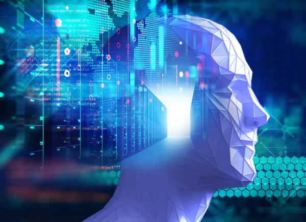 グラフィック要素の顔を持つロボット人間の頭の3Dイラストは 人工知能と機械学習のコンセプトを表します — ストック写真