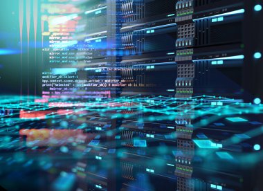 süper bilgisayar sunucu rafları merkezlerinde. 3D çizim