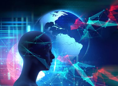 dijital dünya harita 3dillustration üzerinde sanal insan silüeti 