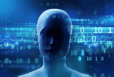 3D render sanal insan silueti teknoloji adam üzerinde