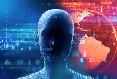 3D render sanal insan silueti teknoloji adam üzerinde