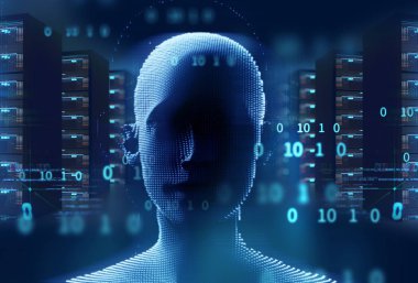 3D render sanal insan silueti teknoloji adam üzerinde