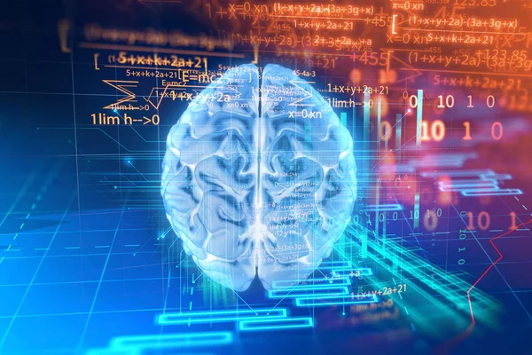 3D візуалізація людського мозку на фоні мови програмування — стокове фото