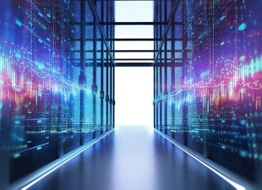  Düğüm taban programı ile sunucu odası 3d illüstrasyon Koridoru