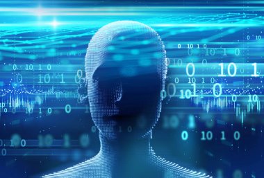 3D render sanal insan silueti teknoloji adam üzerinde