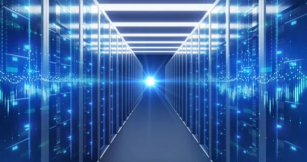 Corridor of  server room with server racks in datacenter. 3d ill — Stock Photo, Image