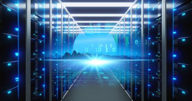 Koridor sunucu rafları merkezlerinde ile sunucu odası. 3D hasta