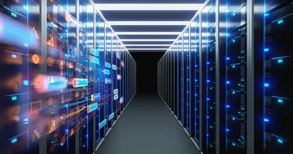 Corridoio di stanza di server con rastrelliere di server in data center. 3 quinquies — Foto Stock