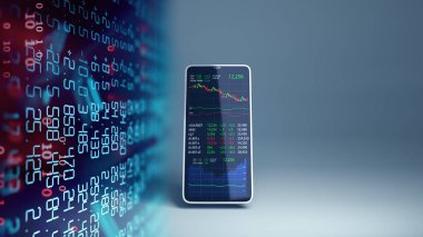 cep telefonu 3D render finansal grafik ve teknoloji elemanı
