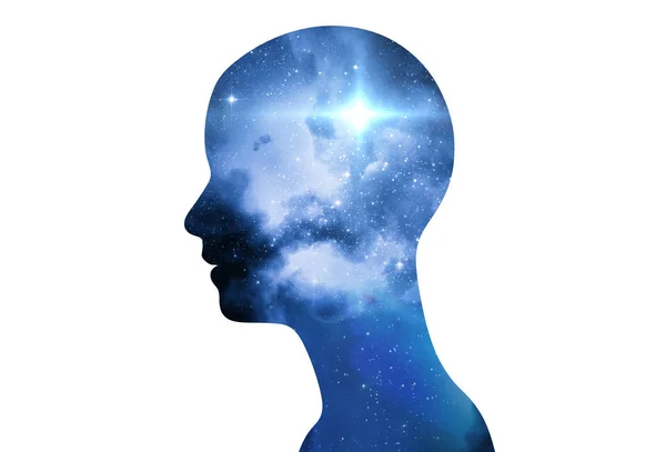 Silhouette di umano virtuale con aura chakra sulla nebulosa spaziale 3d — Foto Stock