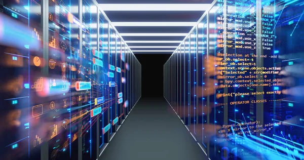 Korridoren i serverrummet med serverrack i datacentret. 3D sjuk — Stockfoto