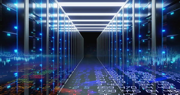 stock image Corridor of  server room with server racks in datacenter. 3d ill