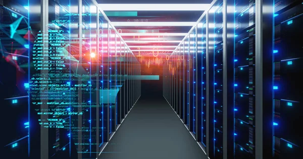 Corridor of  server room with server racks in datacenter. 3d ill — Stock Photo, Image