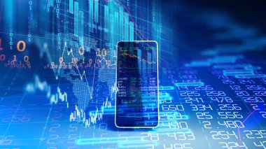 cep telefonu 3D render finansal grafik ve teknoloji elemanı