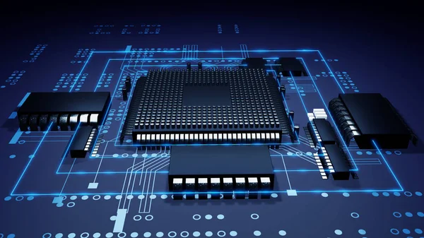 3d renderelés futurisztikus kék áramköri lap és cpu — Stock Fotó