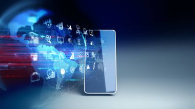 cep telefonu 3D Rendering üzerinde fintech simge ve teknoloji elemanı