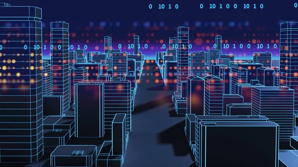 Ciudad inteligente y paisaje digital en la ilustración cyber world.3d — Foto de Stock