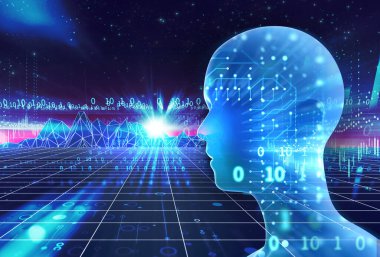 Yapay zeka robotunun kavramsal arka planı, 3 boyutlu çizim